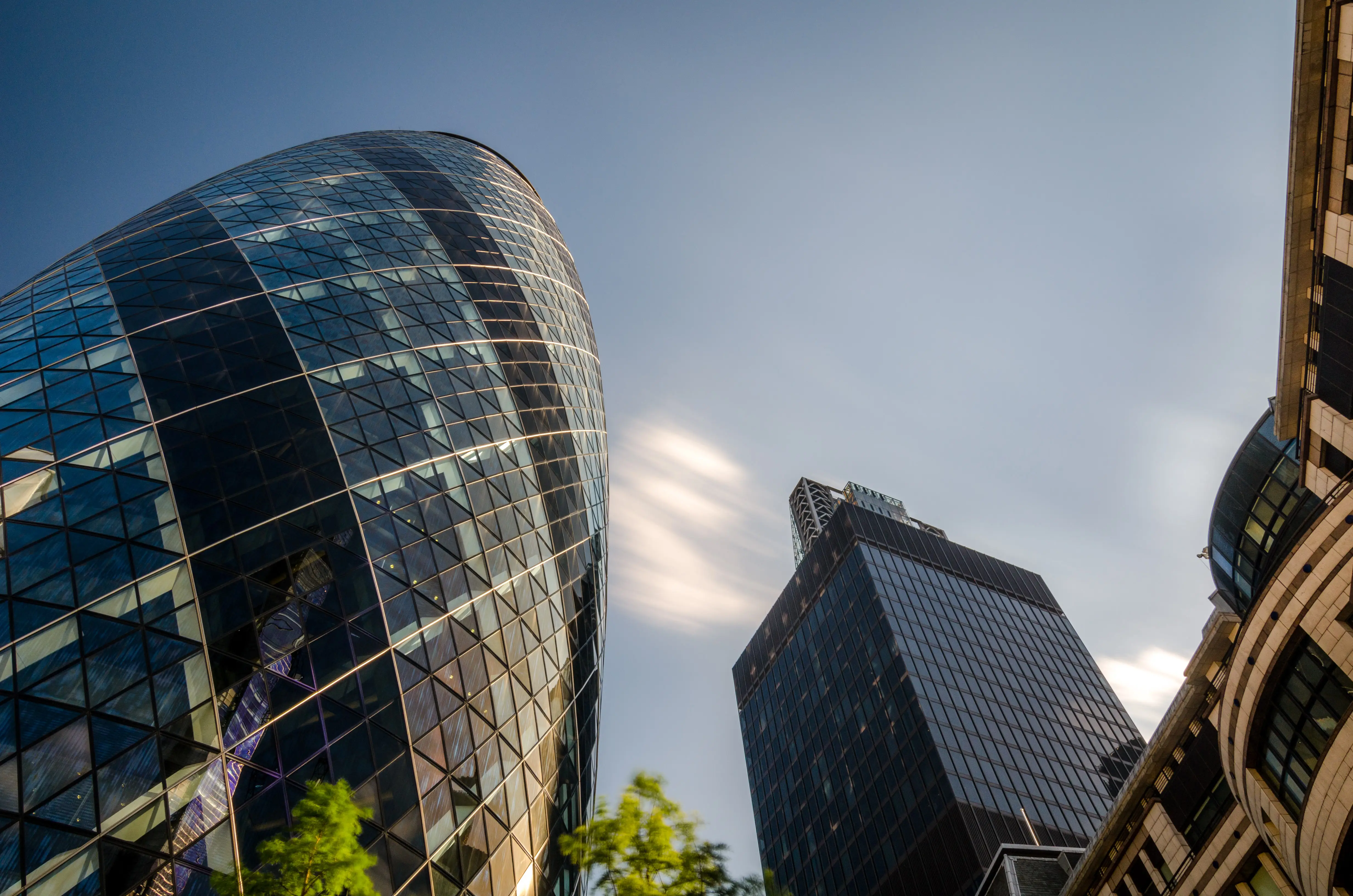 Glass towers of a city financial district seen from below